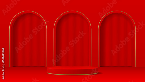 Red podium stage with arch gates. Elegant 3d vector round pedestal with golden trimmed archways and curtains. Display for showcasing luxury products or festive presentations, promotions and events