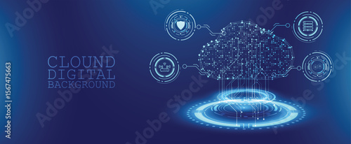 Cloud computing digital background with data icons and tech connection on blue theme