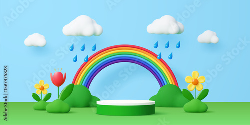 3d kids garden podium stage with summer flowers and rainbow. Playful cartoon vector landscape featuring a vibrant rainbow over the circular scene, fluffy clouds with raindrops, and blooming flowers