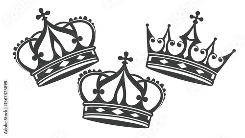 Three stylized crowns with intricate details and cross designs in a monochrome illustration style
