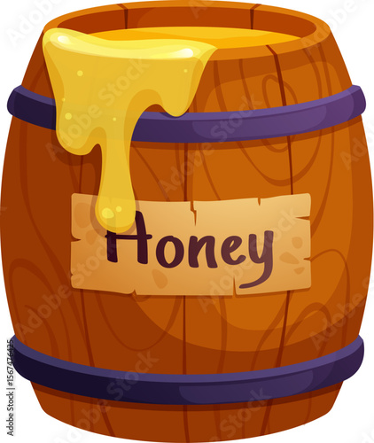 Cartoon wooden honey barrel filled to the top with golden, fresh liquid honey dripping over the edge. Isolated vector labeled wood cask with a sweet apiary products evoking a rustic natural aesthetic