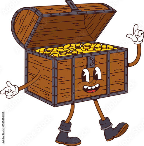 Cartoon groovy corsair and pirate treasure chest character. Isolated vector loot retro comic y2k personage with a smiling face and golden coins. Wooden trunk is overflowing with gold coins