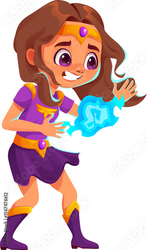 Kid superhero character, girl in super hero costume with magic spell, cartoon vector. Superhero kid with magic energy power or superpower glow for comic child character or superhuman with plasma blast