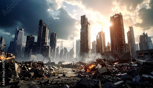 Destroyed futuristic city skyline after catastrophic war with heavy urban devastation