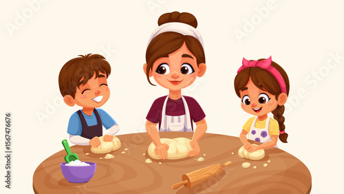 Children make dough, boy and girl chef cook bread or pizza, vector cartoon characters. Mother with children kneading dough at table with flour and rolling pin, making dough for bread or pizza