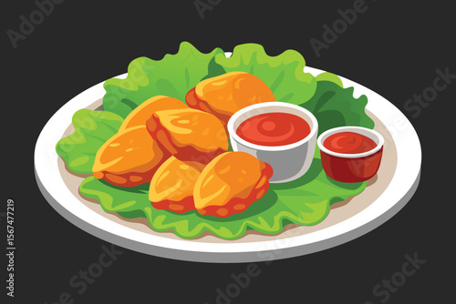 Cartoon Chicken Nuggets with Ketchup and Lettuce on a Plate