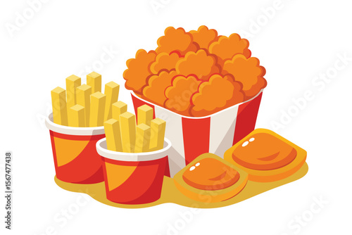 Cartoon illustration of chicken nuggets french fries and dipping sauce cups