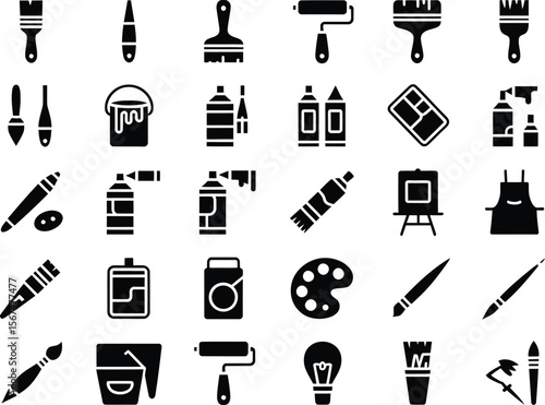 Collection of black and white icons representing art and painting supplies
