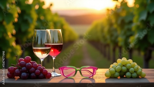 Wallpaper Mural Two Wine Glasses Rose and Red Wine Grapes Vineyard Sunset Torontodigital.ca