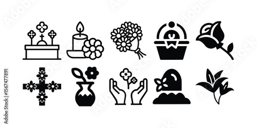 Dia dos Finados Vector Icons – Flower & Offering Silhouette, Line Art Bundle