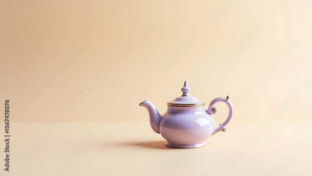 Elegant Pastel Lavender Teapot with Gold Emblem & Curved Handle on Soft Peach Background Elegant Pastel Lavender Teapot with Gold Emblem & Curved Handle on Soft Peach Background
