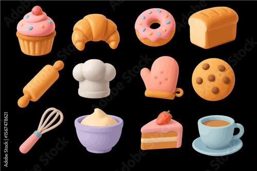 Bakery Icon Set – 12 Cute 3D Clay Style Food Icons in Pastel Colors
