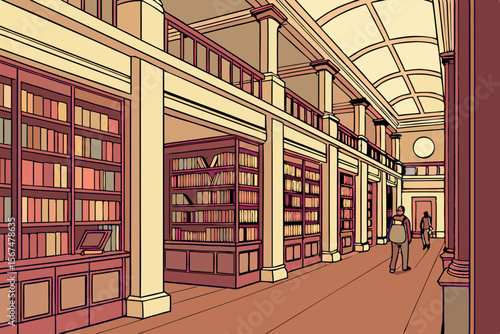 Interior of a grand library with bookshelves and two people