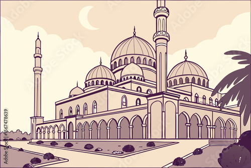 Islamic mosque with domes and minarets under crescent moon