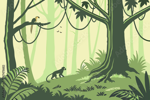 Jungle scene with monkey and toucan on white background
