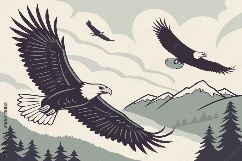 Obraz premium Two bald eagles soaring over mountains and trees bird