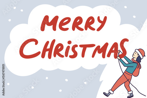 Person climbing to hang Merry Christmas text holiday