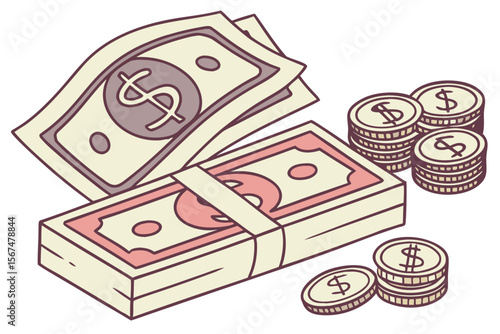 Stacked cash and coins with dollar signs money currency