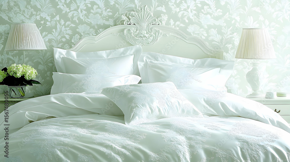 Obraz premium Elegant white bedroom with ornate headboard, floral wallpaper, a
