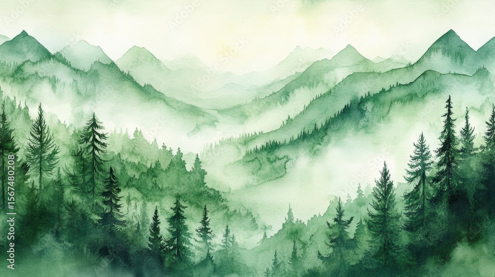 Obraz premium Watercolor of landscape forest misty mountains horizon and fog and hills,pine tree fir tree,Autumn forest background,drawn by hand,Autumn illustration design elements for landscape,wallpaper.