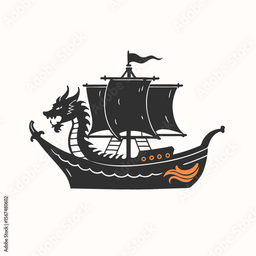 Vintage Viking Longboat with Dragon Head Silhouette vintage style Minimalist concept vector illustration