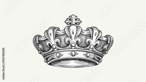 Detailed drawing of an ornate crown with fleur de lis and pearl accents on a light background