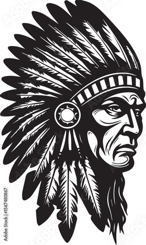 Print Native American Chief with Headdress in Profile