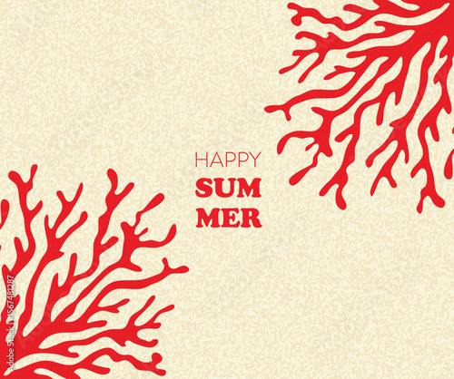 grunge vector summer holiday background with red coral silhouettes and copy space for text, trendy grainy summer template ideal for sale banner, card, wallpaper, cover, poster with copy space for text