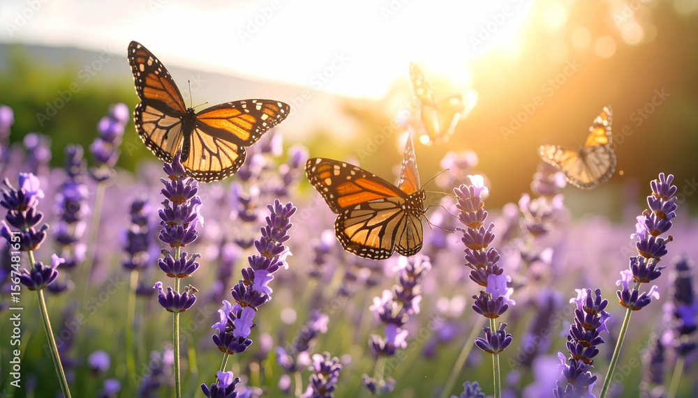 Naklejka premium Monarch Butterflies Lavender Sunset Field.