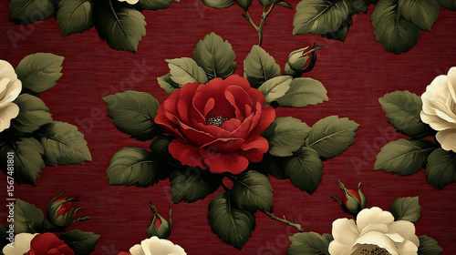 Red and white roses seamless pattern vintage floral design dark background
