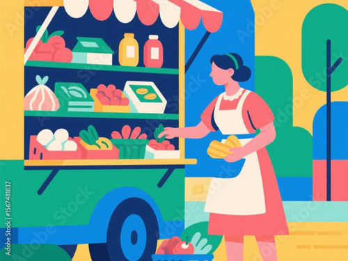 A housewife is choosing food ingredients at a traveling vendor who offers a variety of raw materials.