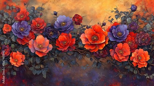 Vibrant floral arrangement with red, orange, and purple roses ag