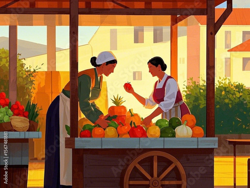 A housewife is choosing food ingredients at a traveling vendor who offers a variety of raw materials.