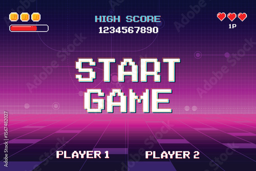 START GAME. pixel art .8 bit game. retro video game. for game assets. Retro Futurism Sci-Fi Background. glowing neon grid and star from vintage arcade computer games