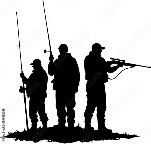 fishing and hunting vector illustration, silhouette, vector, sport, illustration, people, golf, balance, fisherman, fishing, silhouettes, art, tightrope, rope, black, golfer, ski, men, skiing, winter,