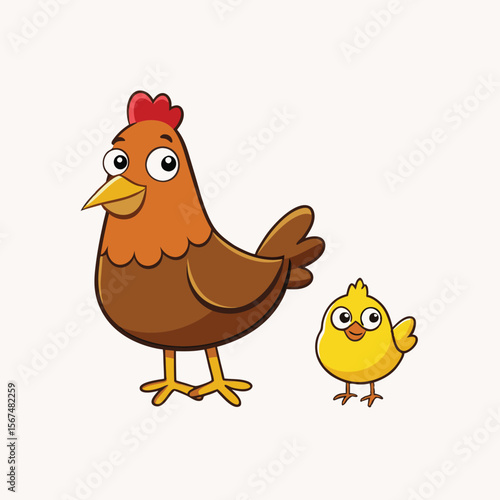 Cartoon funny brown hen with little yellow chicken. Comic trendy flat style with simple gradients Isolated vector illustration