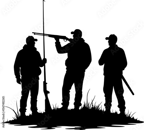 fishing and hunting vector illustration, silhouette, vector, sport, illustration, people, golf, balance, fisherman, fishing, silhouettes, art, tightrope, rope, black, golfer, ski, men, skiing, winter,