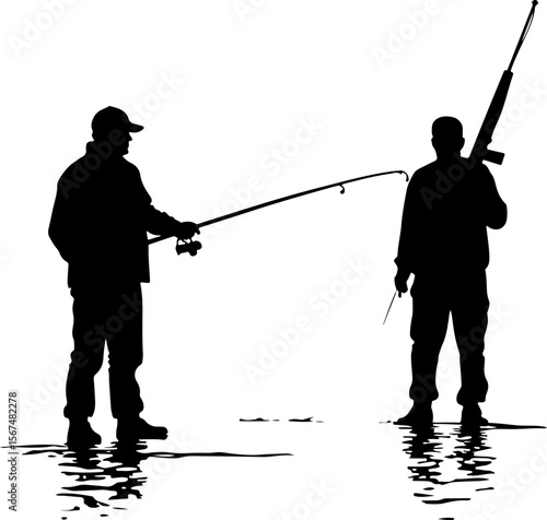 fishing and hunting vector illustration, silhouette, vector, sport, illustration, people, golf, balance, fisherman, fishing, silhouettes, art, tightrope, rope, black, golfer, ski, men, skiing, winter,