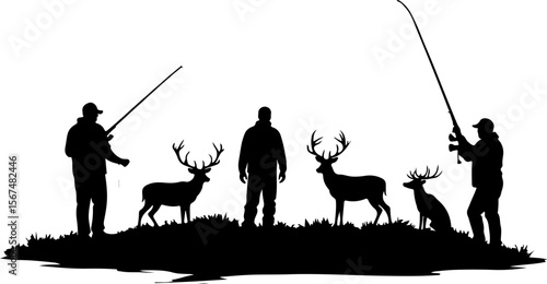 fishing and hunting vector illustration, silhouette, vector, sport, illustration, people, golf, balance, fisherman, fishing, silhouettes, art, tightrope, rope, black, golfer, ski, men, skiing, winter,