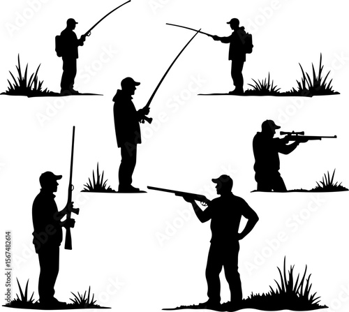 fishing and hunting vector illustration, silhouette, vector, sport, illustration, people, golf, balance, fisherman, fishing, silhouettes, art, tightrope, rope, black, golfer, ski, men, skiing, winter,