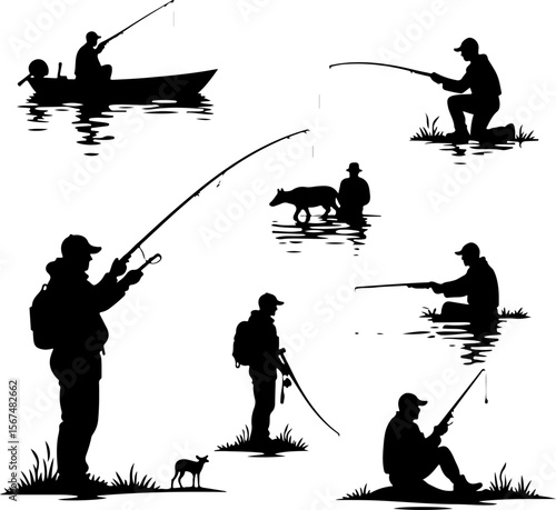 fishing and hunting vector illustration, silhouette, vector, sport, illustration, people, golf, balance, fisherman, fishing, silhouettes, art, tightrope, rope, black, golfer, ski, men, skiing, winter,