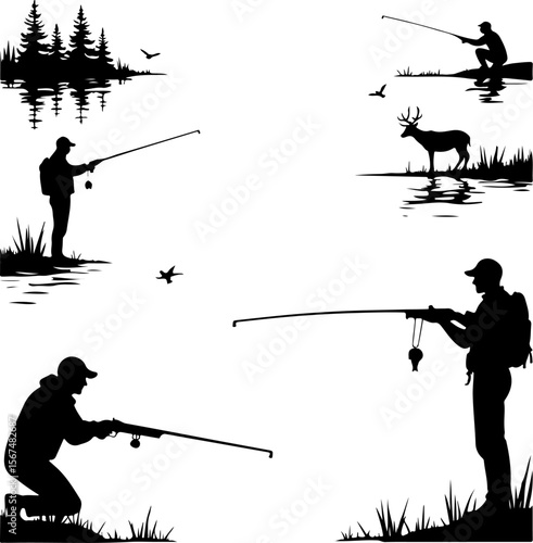 fishing and hunting vector illustration, silhouette, vector, sport, illustration, people, golf, balance, fisherman, fishing, silhouettes, art, tightrope, rope, black, golfer, ski, men, skiing, winter,