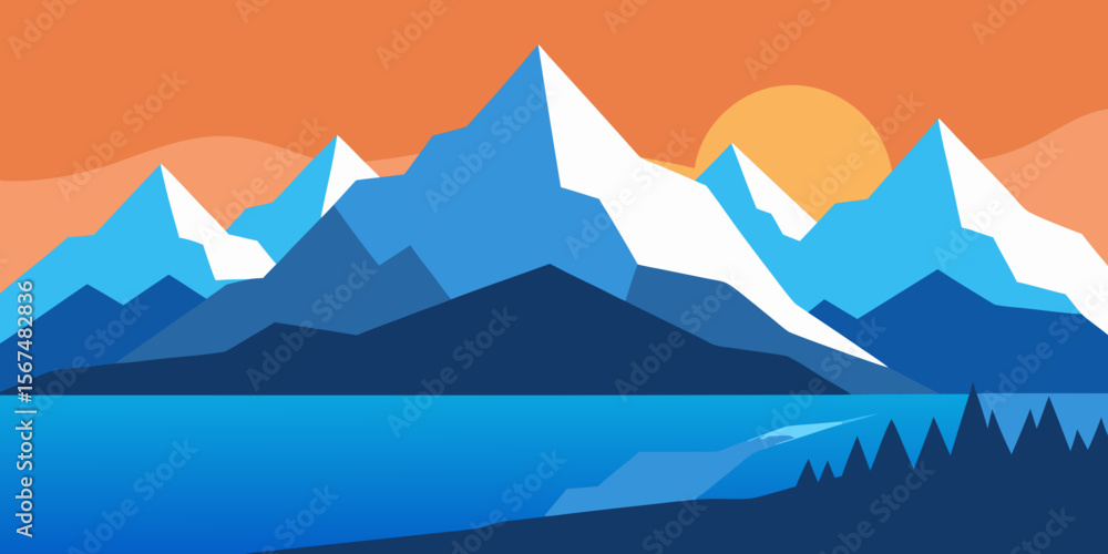 Naklejka premium A stunning mountain landscape vector illustration depicts a panoramic view of a serene nature scene with snow-capped peaks, misty valleys, and a vibrant morning sky