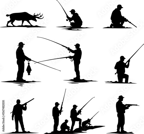 fishing and hunting vector illustration, silhouette, vector, sport, illustration, people, golf, balance, fisherman, fishing, silhouettes, art, tightrope, rope, black, golfer, ski, men, skiing, winter,