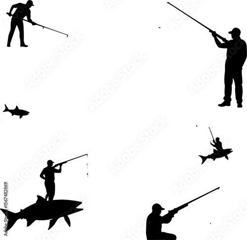 fishing and hunting vector illustration, silhouette, vector, sport, illustration, people, golf, balance, fisherman, fishing, silhouettes, art, tightrope, rope, black, golfer, ski, men, skiing, winter,