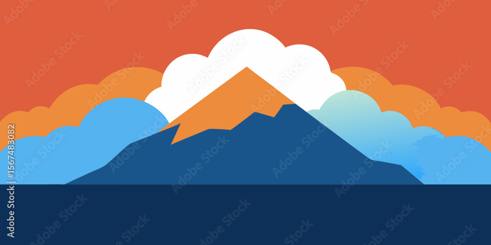 Naklejka premium Mountain landscape vector illustration with sunset and clouds