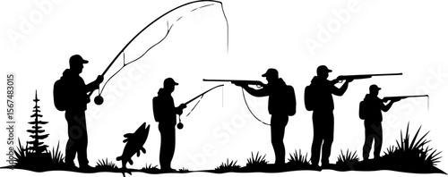 fishing and hunting vector illustration, silhouette, vector, sport, illustration, people, golf, balance, fisherman, fishing, silhouettes, art, tightrope, rope, black, golfer, ski, men, skiing, winter,