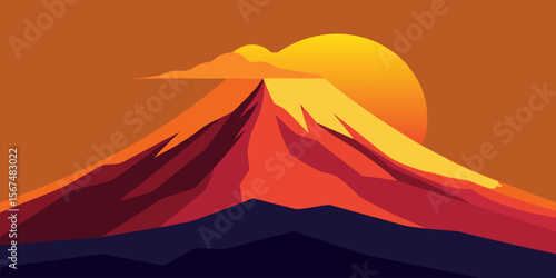 A vibrant sunset illuminates a majestic volcano in a serene mountain landscape, hinting at the fiery nature within