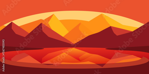 Abstract Halloween desert sunset with pyramids, mountains, camel, and trees, a vivid vector illustration
