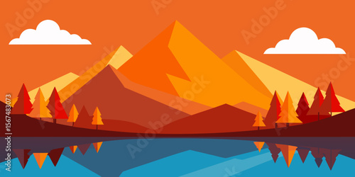Vibrant vector illustration of a sunset over a serene lake, capturing the essence of nature's beauty with silhouetted mountains and trees against an orange sky